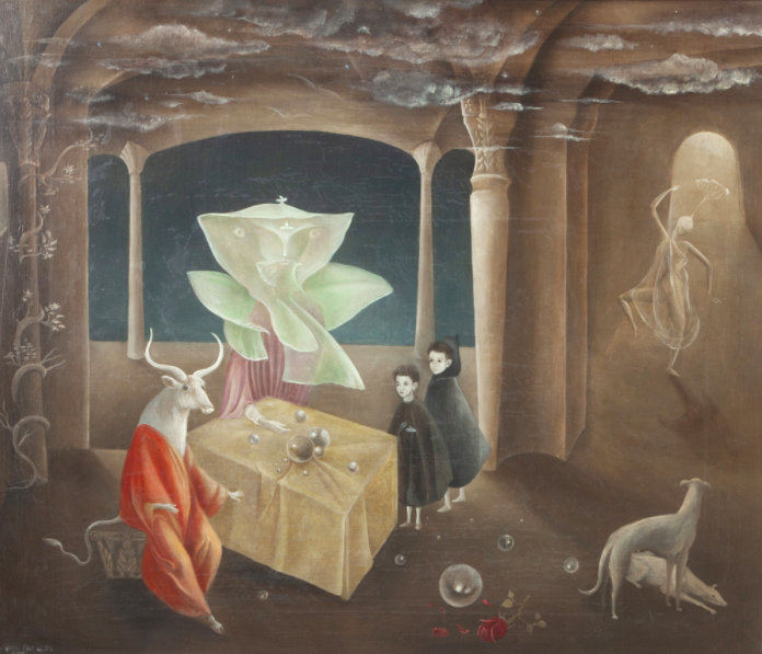Leonora Carrington, “And Then We Saw the Daughter of the Minotaur” (1953, oil on canvas, 23 5_8 x 27 9_16 inches (Image Courtesy of the MoMA)