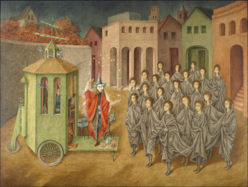 Remedios Varo, The Juggler (The Magician) (1956), Oil and inlaid mother of pearl on board, 35 13/16 × 48 1/16 inches