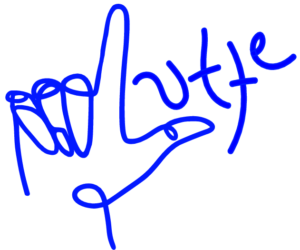 Lutte logo in royal blue. the L is a hand that is drawn making an L in sign language. The UTTE is drawn in a fun, curvy font.