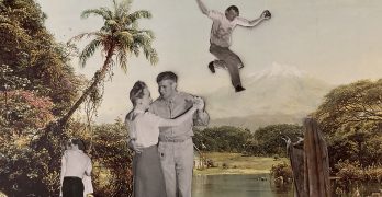 Center, a dancing couple. To the left, a couple kissing, the man's back toward the viewer. Above, a young man leaping. To the right of the dancing couple, a nun, her back to the viewer, pointing towards the center. All these figures are cut out of black and white pictures, and placed against the background of a faded-color tropical location with a hidden house, a river and a volcano.