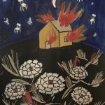 House on fire on a hill with a background of a dark blue sky with white chairs like stars and a crescent moon. White flowers in foreground with red eyes in their centers.