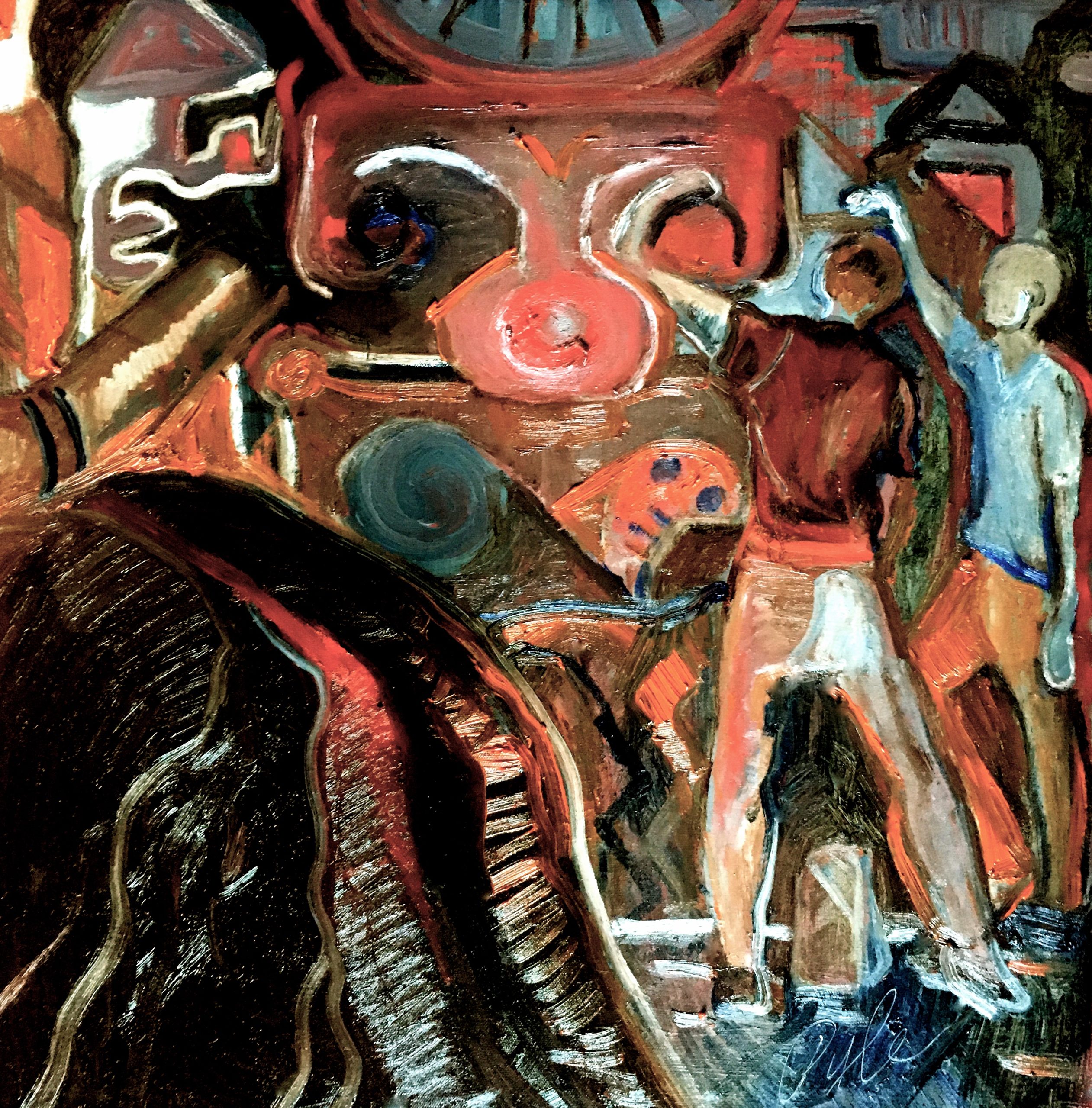 Two people on the right, one in a blue shirt, one in a red shirt, are turned towards a geometric machine-like background.