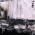 Abstract painting in shades of white and black. White brushstrokes coming down from top. Black brushstrokes across bottom half, starting to mix with white in the middle.