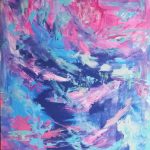 An abstract painting in pinks, blues, and purples.