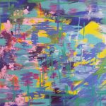 A multi-layered colorful painting; purple background, with a large patch of pink to the left and yellow to the right. Layered over that are wide horizontal streaks of teal, maroon, and scribbles of purple and kelly green. Narrow vertical streaks of green layer the middle.