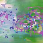 Abstract painting in light grey-blue and green with splashes of pink, purple, white, blue.