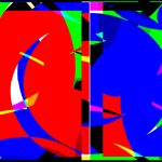 Vibrant shapes in red, blue and green; the right half of the picture has a large blue shape with red and green around the borders, interspersed with black and purple. The left side has a large red shape, also with green and purple around the border, but with a narrow mostly-blue half-moon arcing into it. A red, black and yellow line separates the two halves of the picture.
