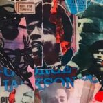 Collage of photographs and drawings from magazines of Black revolutionaries; cut out phrases "Revolution," Vote for Survival,"Remembering" and "Malcolm," included in collage.