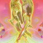 Two gold hands entwined against a pink background.