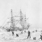 The ship, the HMS Terror, and men trying to dig it out of the snow.