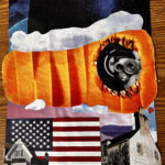 Collage with American flag at the bottom right, with a house over it; a church to the bottom left, bright orange and dark blue on the top.