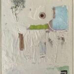 White paint with areas of collage coming through. top left twig with leaves, top right rectangle of text; red patterned circle with beige decorative edges; light blue rectangle with some green and pink towards the left under the circle; more text below the twig; another twig below the blue rectangle; bottom right light green, black, and white rectangle; bottom left red rectangle.