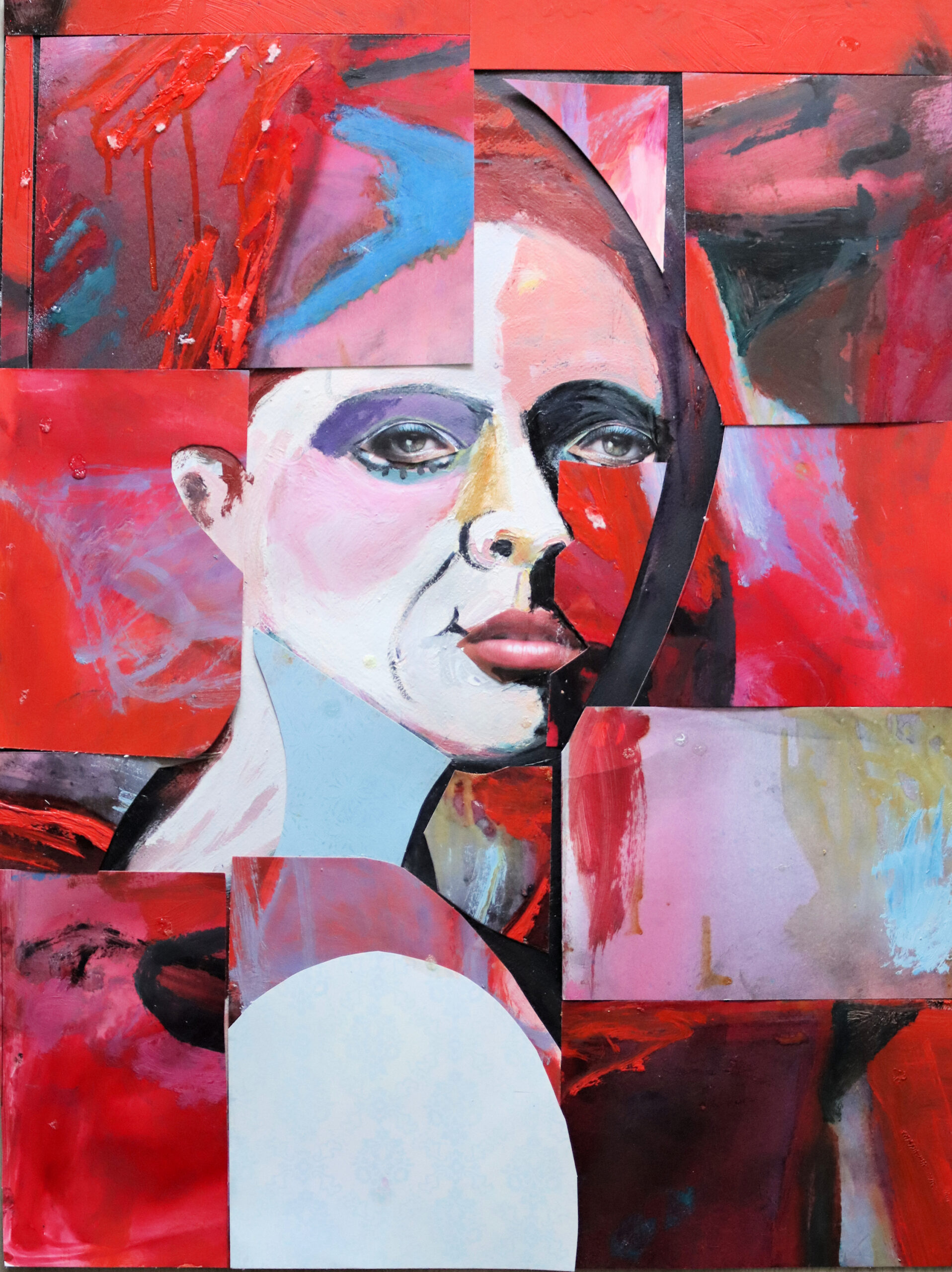 Woman with red mark on her face in a red dress surrounded by red background