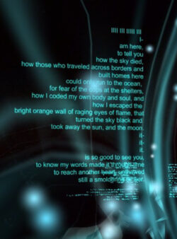 A room with virtual glowing trees on a large screen.