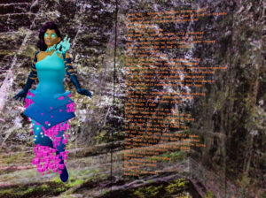 Figure in a blue and pink dress with words on the right-and side of the screen.