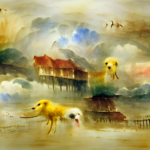 Abstract piece against a sea and cloud, with half-shaped animals and a decaying house.