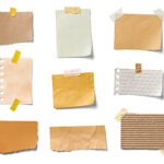 image of notes colored browns, beiges, yellows, light green, white, taped against white wall