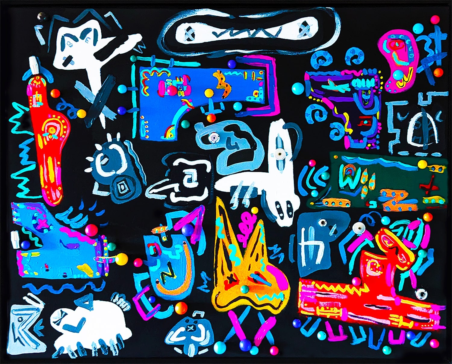 black background with colorful painted absurdist imagery in red, white, blue, pink, yellow, purple. Some colored round items, googly eyes, buttons that look 3D and added on top of the painting.