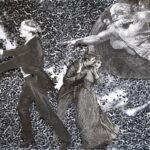 Black and white. Blurred dots in the background. Blindfolded man walking towards the left, man embracing woman in center, Creation of Adam -esque God in top right corner.