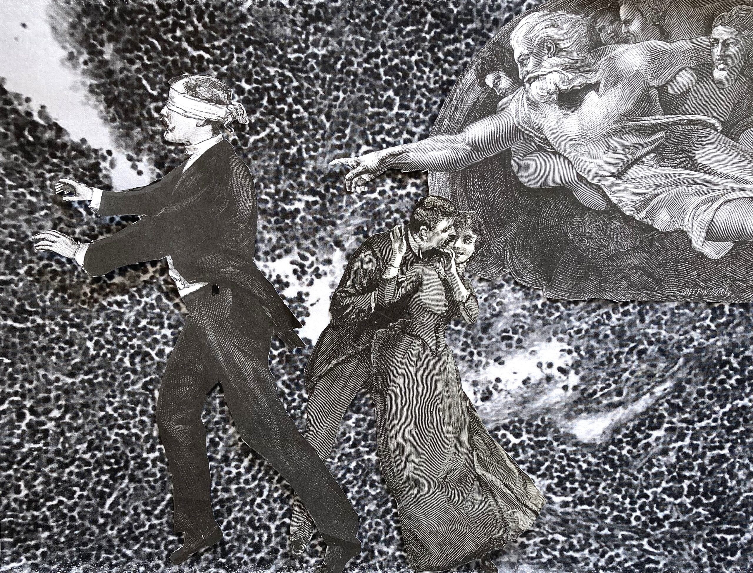 Black and white. Blurred dots in the background. Blindfolded man walking towards the left, man embracing woman in center, Creation of Adam -esque God in top right corner.