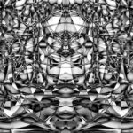 Kaleidoscopic modern-looking image in white, gray, and black, overlapping shapes.