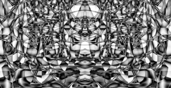 Kaleidoscopic modern-looking image in white, gray, and black, overlapping shapes.