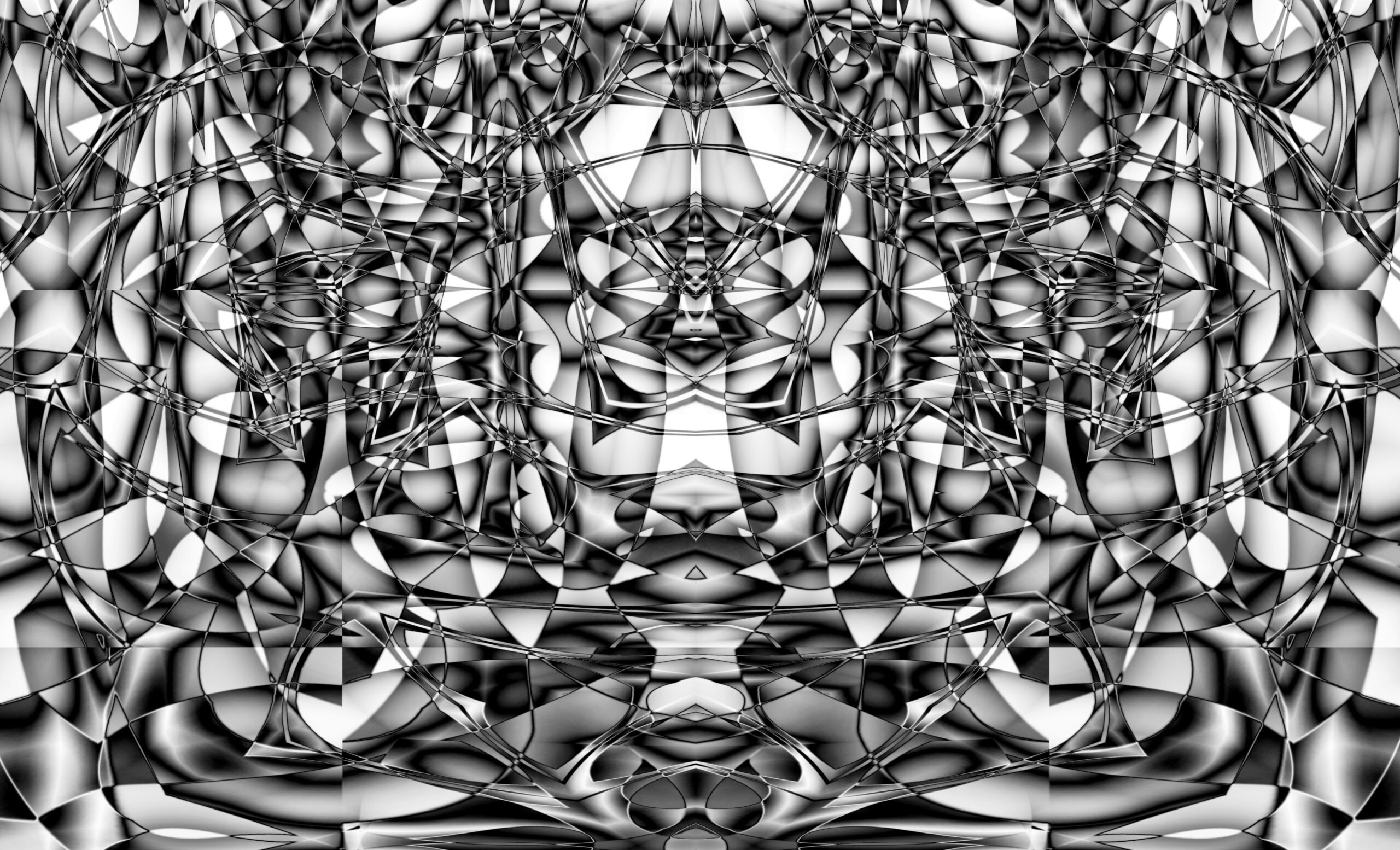Kaleidoscopic modern-looking image in white, gray, and black, overlapping shapes.