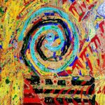 Blaze of color in yellow and red around a teal spiral in the center, which hovers over a red and black gate.