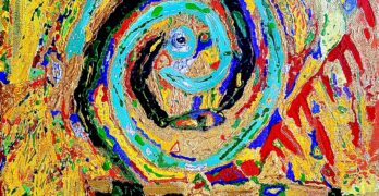 Blaze of color in yellow and red around a teal spiral in the center, which hovers over a red and black gate.