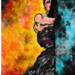 Orange and red fire imagery on the left, face and upper body of a girl with pinkish skin, bottom half of body wrapped in black, right side of boys is not visible, there is a blakc line splitting the image and the right side is colored blue and black.