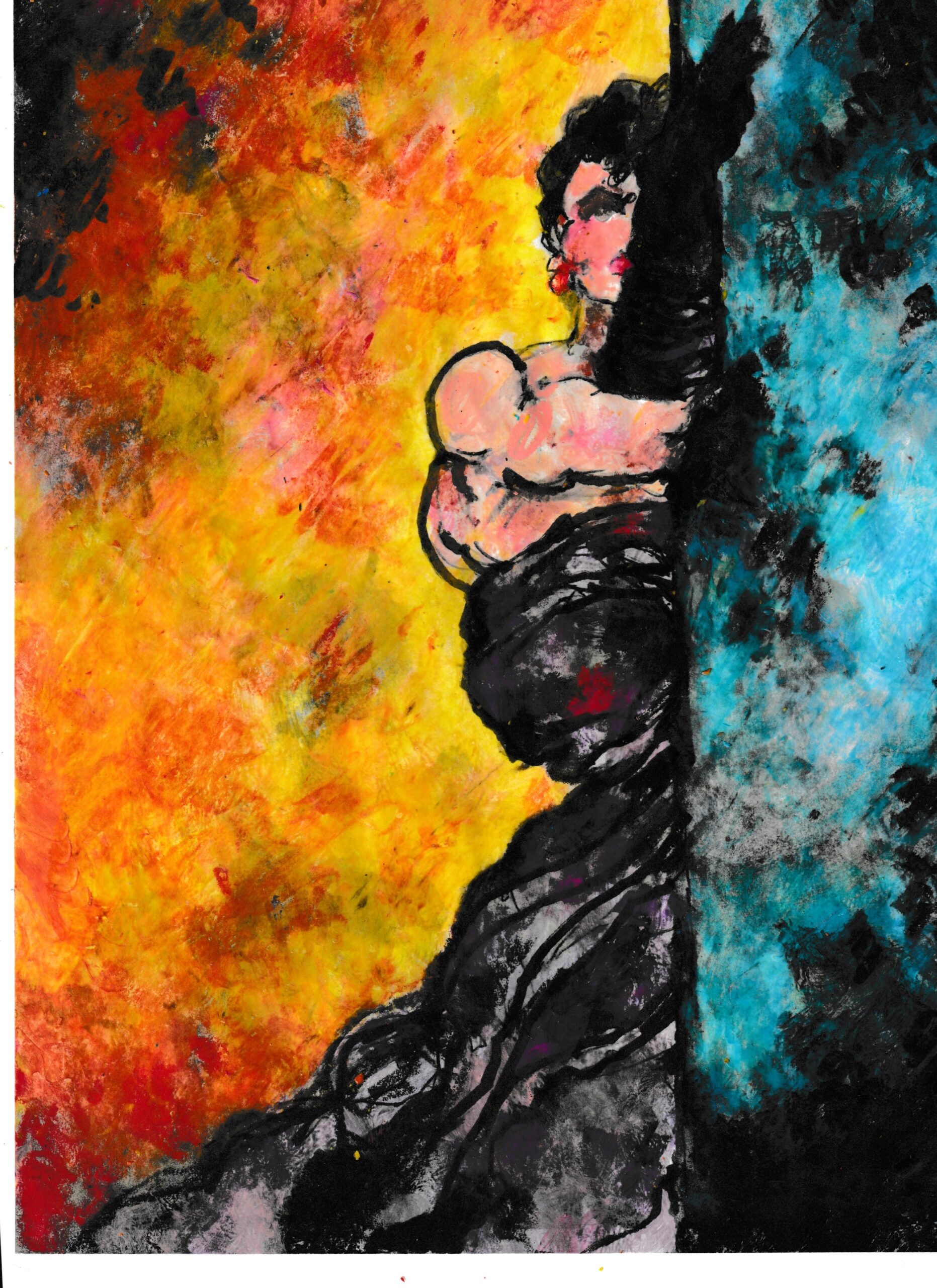 Orange and red fire imagery on the left, face and upper body of a girl, bottom half of body wrapped in black, image split by black line, right side is colored blue and black.