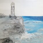 Painting of a black and white lighthouse on rocky, gray cliff, blue water on the right.