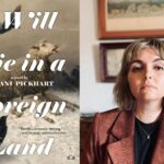 Kalani Pickhart in a red jacket on the right; the cover of her book "I Will Die in a Foreign Land" on the left.