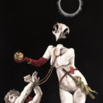 Against a black background, a human like figure with a crow skull gives a golden apple to another man in the bottom right corner, whose hands are tied.