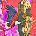 A castle on a pinnacle of rock in front of a pink and red sky, with a blue, red, and white eagle flying in front.