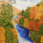 Oil painting of a gentle river flowing through a deep pine forest. Painted on canvas.