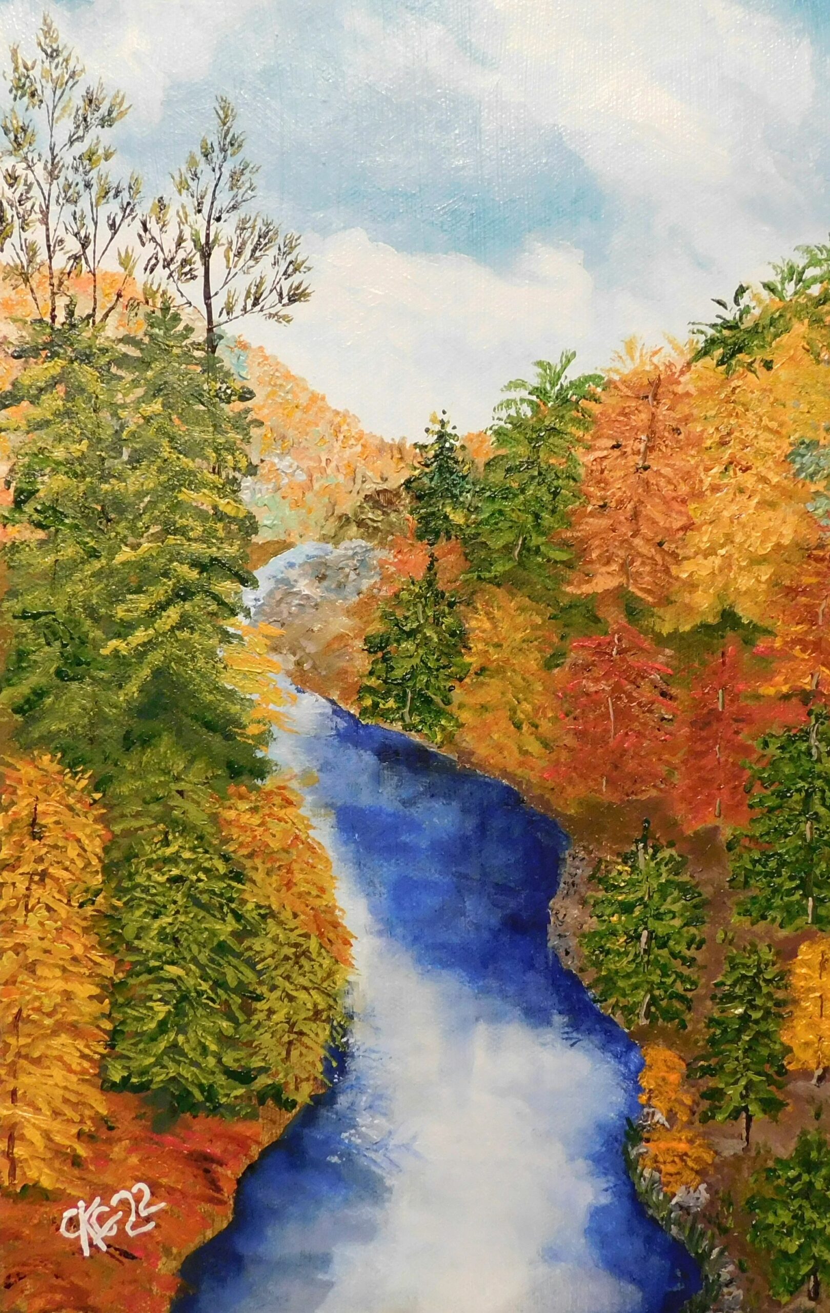 Oil painting of a gentle river flowing through a deep pine forest. Painted on canvas.