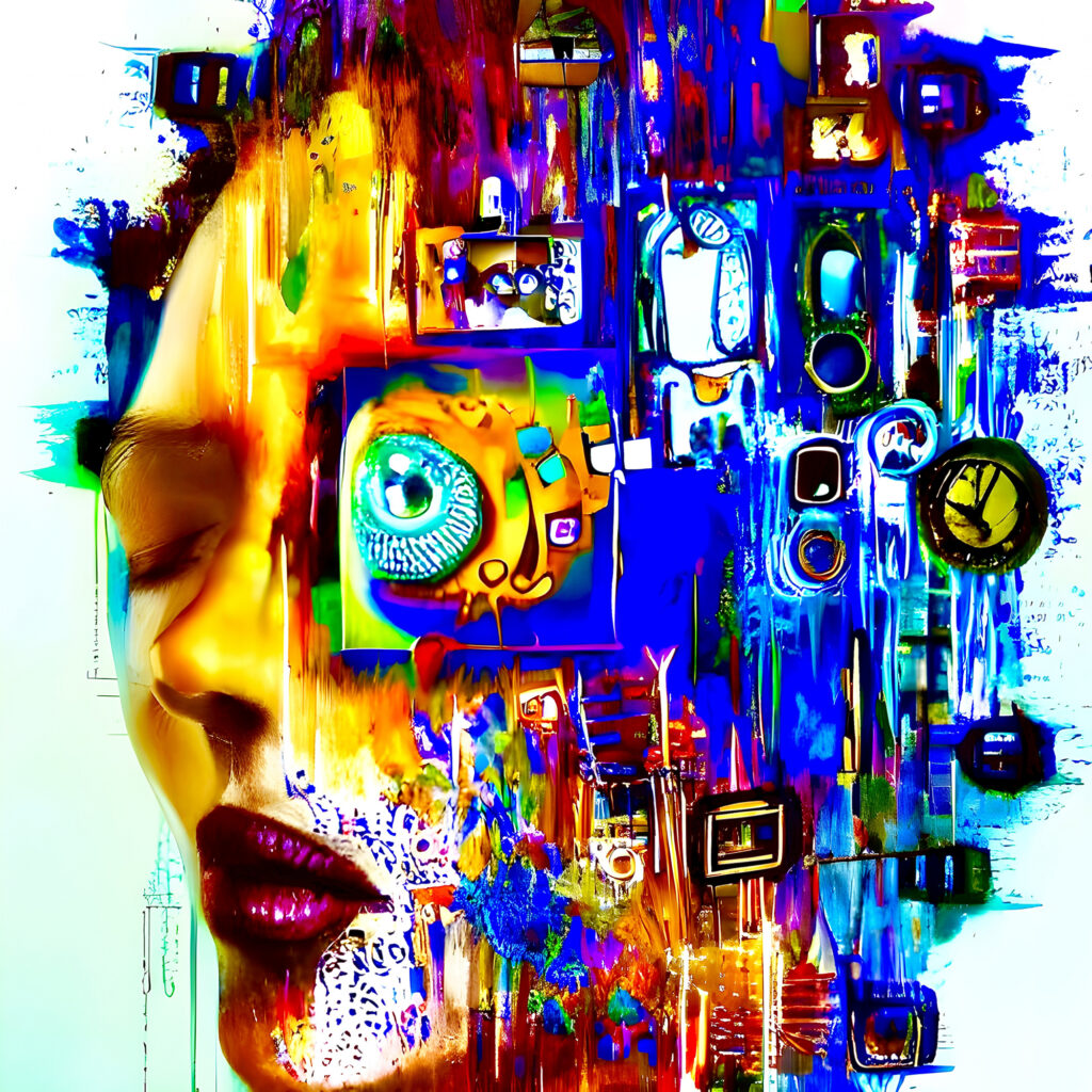Abrstract image of a face with yellows, blues, and reds.