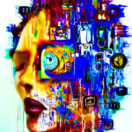 Abrstract image of a face with yellows, blues, and reds.