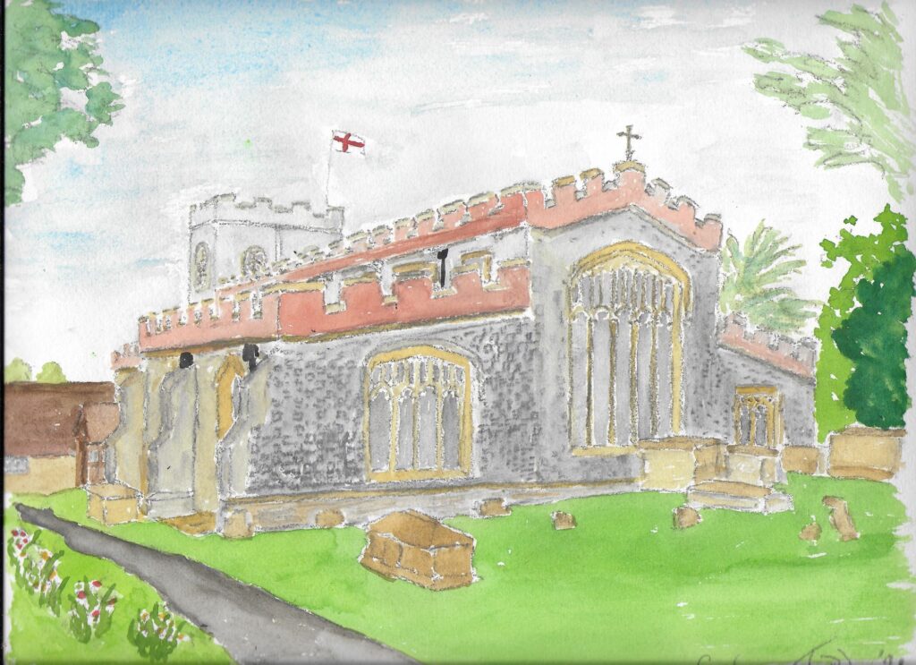 A painting of a castle along a pathway. It is layered in stone with orange roof borders and a cross at the top.