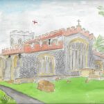 A painting of a castle along a pathway. It is layered in stone with orange roof borders and a cross at the top.