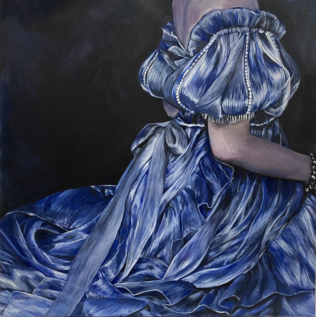 painting of girl in blue dress from shoulders down