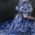 painting of girl in blue dress from shoulders down