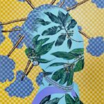 Yellow and blue checkered picture of a girl with leaves over her face.