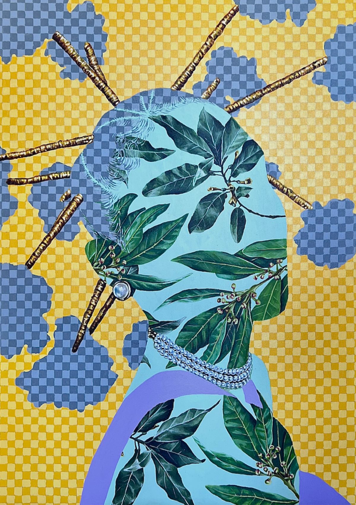 Yellow and blue checkered picture of a girl with leaves over her face.
