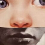 Painting by Amanda Yskamp of a portrait showing a young child's eyes and nose, and an older person's lips.