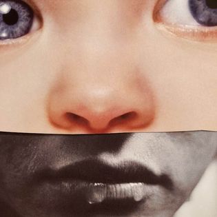 Painting by Amanda Yskamp of a portrait showing a young child's eyes and nose, and an older person's lips.