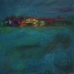 abstract blue painting with splashes of yellow and red paint