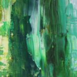 Abstract art with green, yellow and teal streaks.