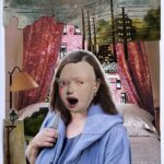Collage artwork with a young girl in the center whose left eye is bloodied, and she is inside her bedroom.